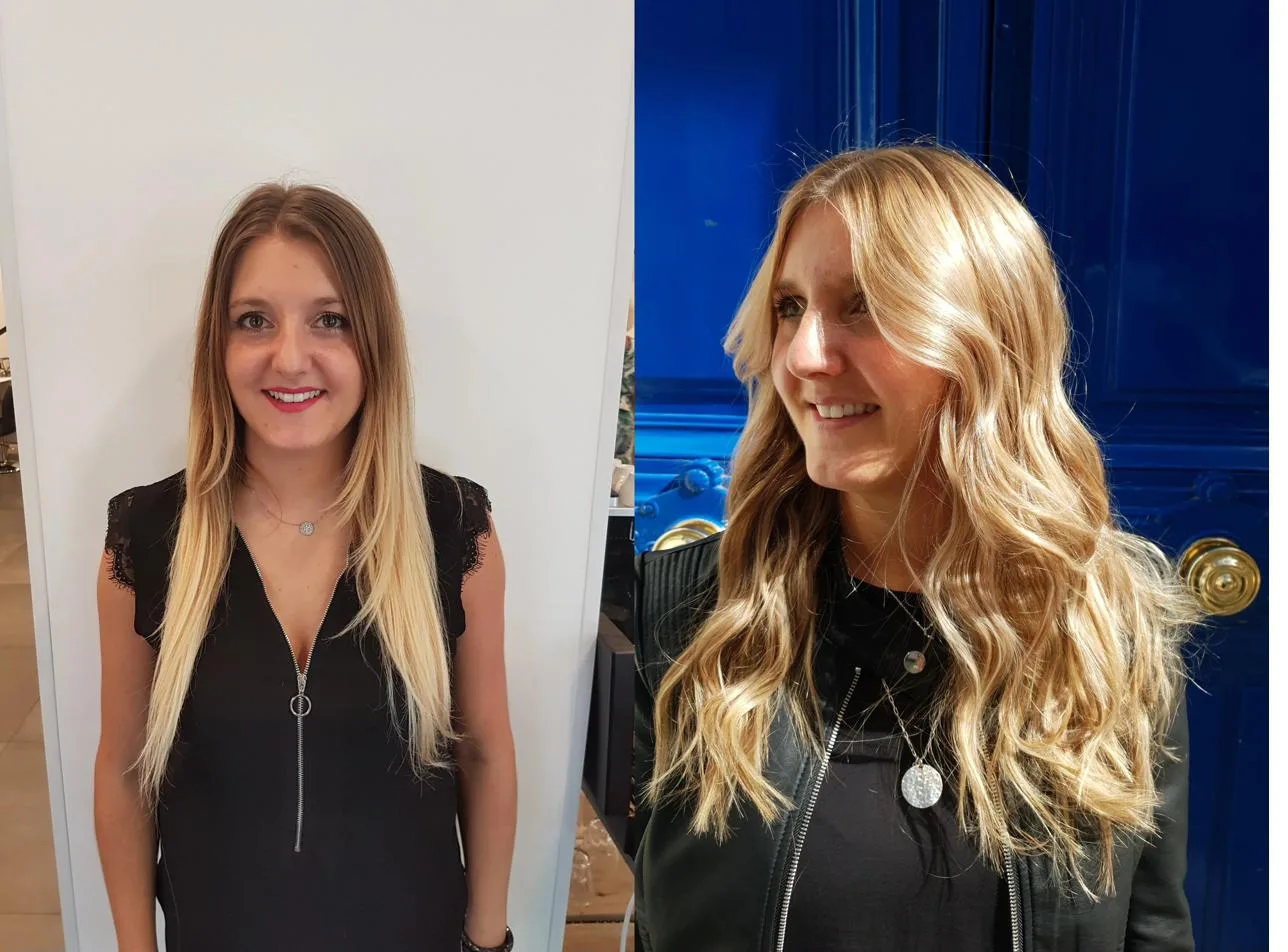 Avant/après balayage blond naturel par Élodie Hue Paris 3e