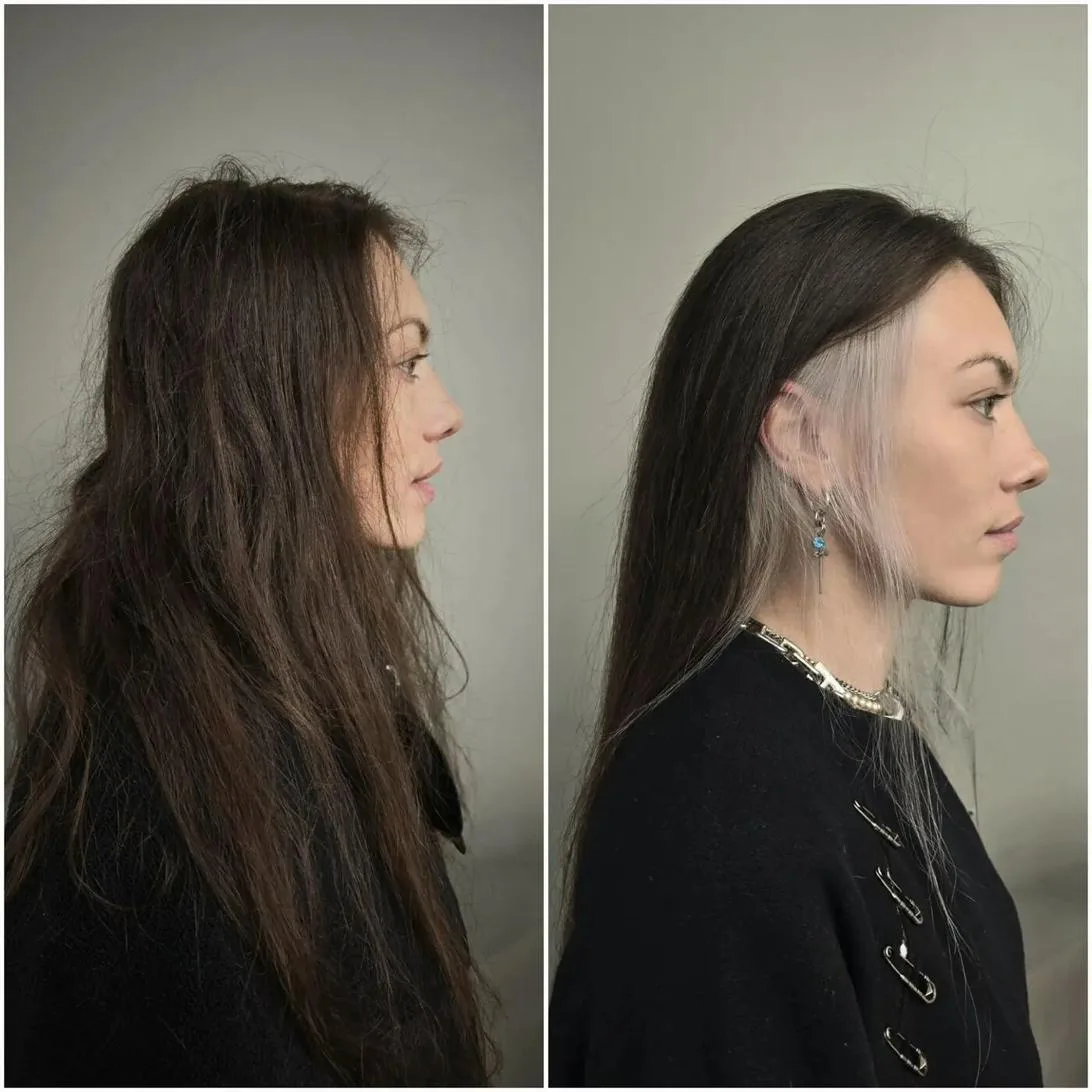 Undercut mèche lavande cachée avant après Paris