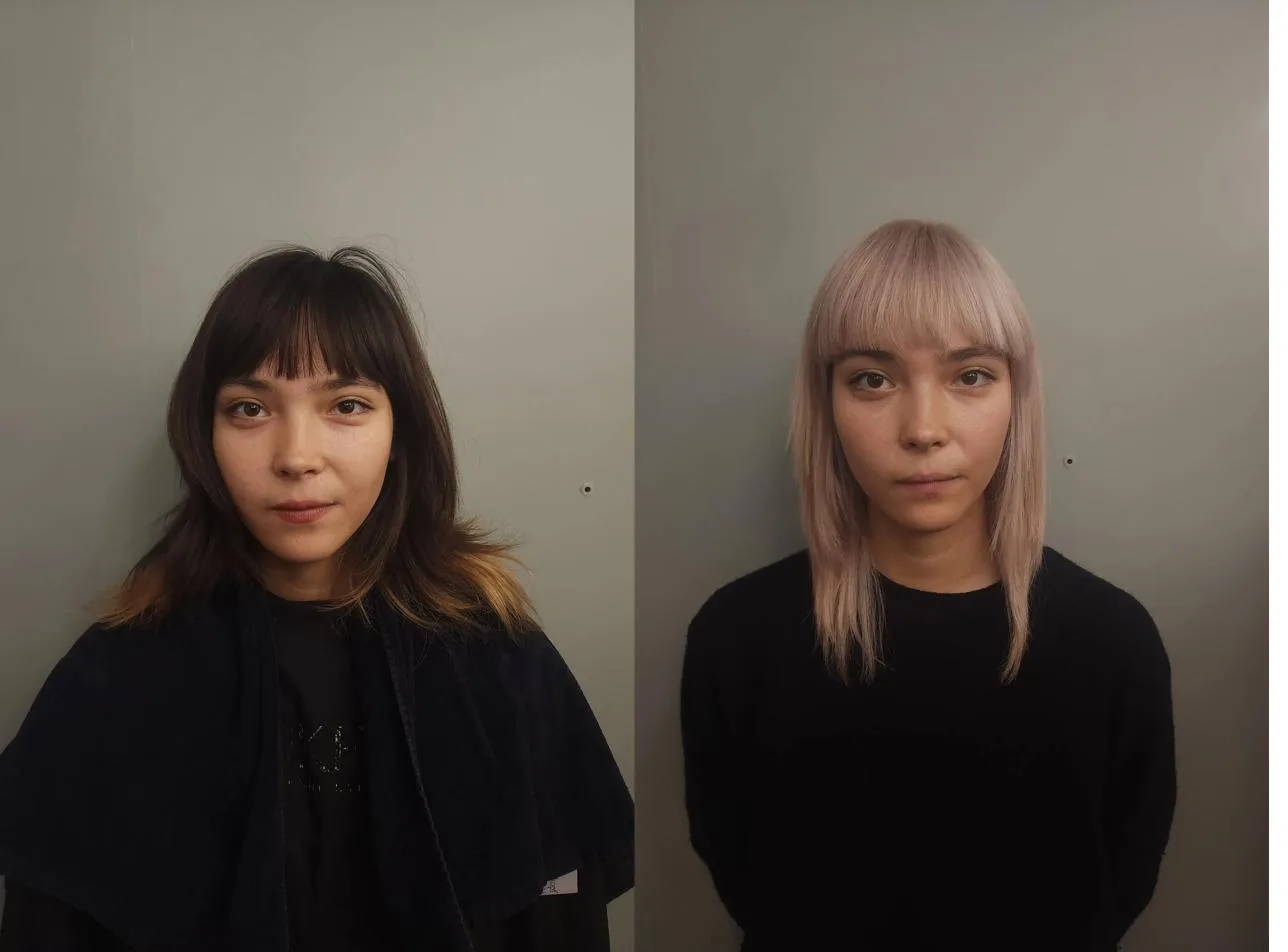 Avant/après décoloration blond pastel rose frange par Élodie Hue