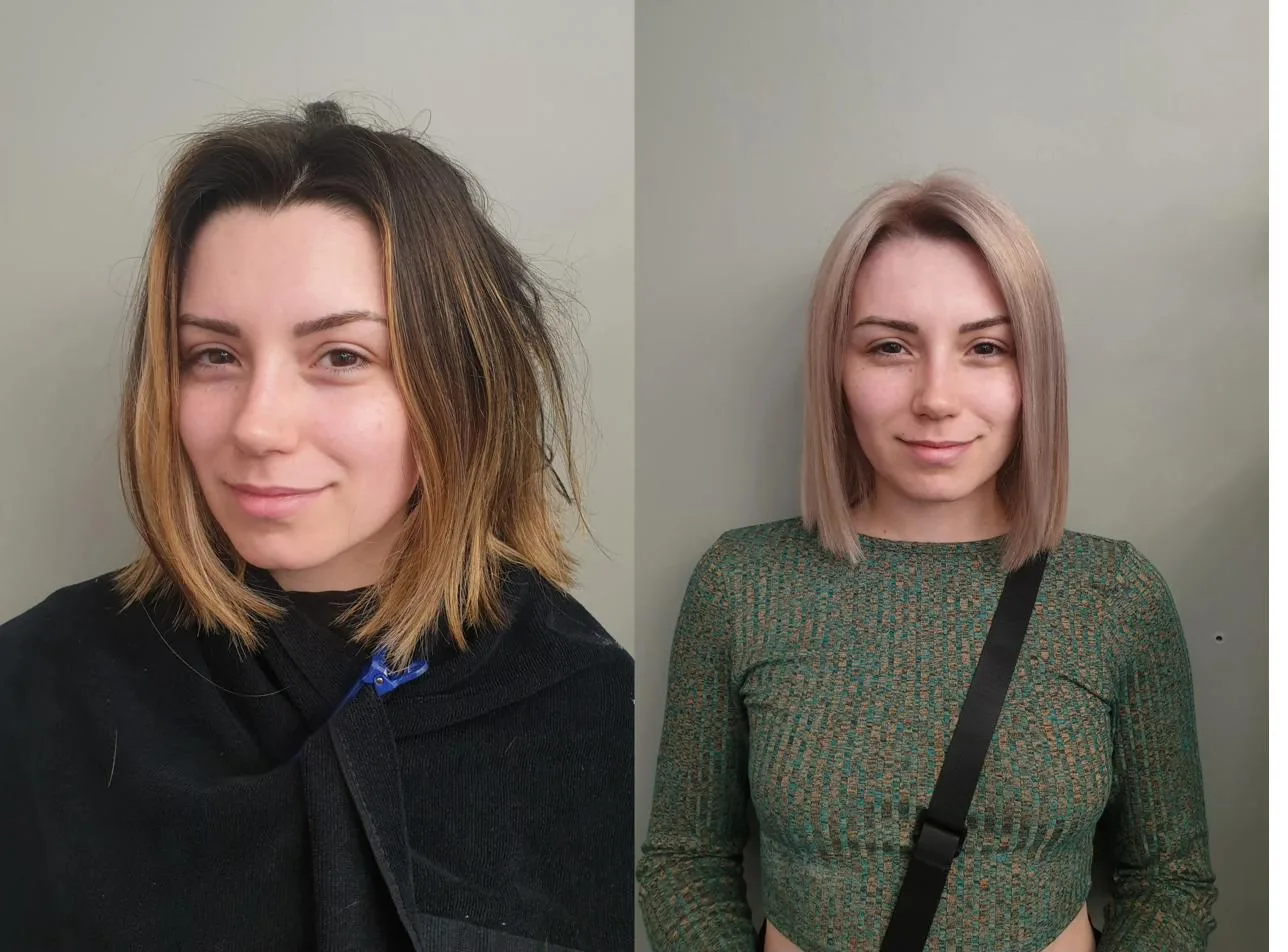 Avant après décoloration et gloss blond beige sur carré — balayage sur mesure au salon Messieurs-Dames, Le Marais Paris