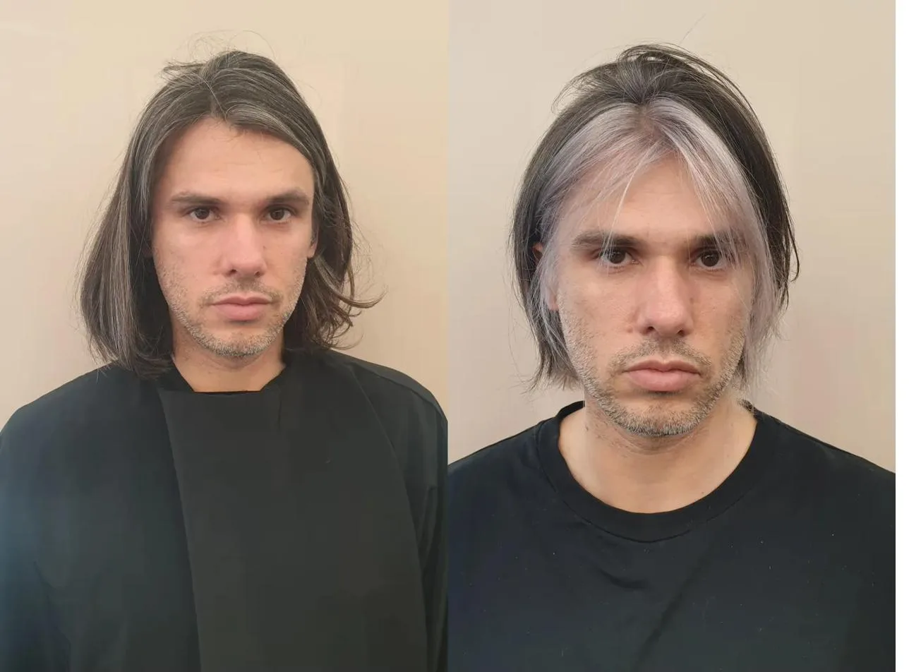 Avant et après : placement coloré mèches blanches Orelsan ère Civilisation par Élodie Hue