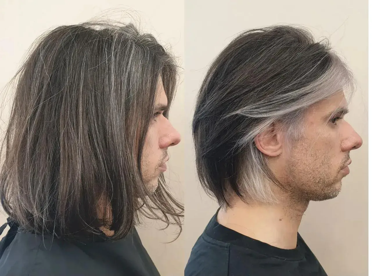 Avant après Orelsan mèches blanches profil