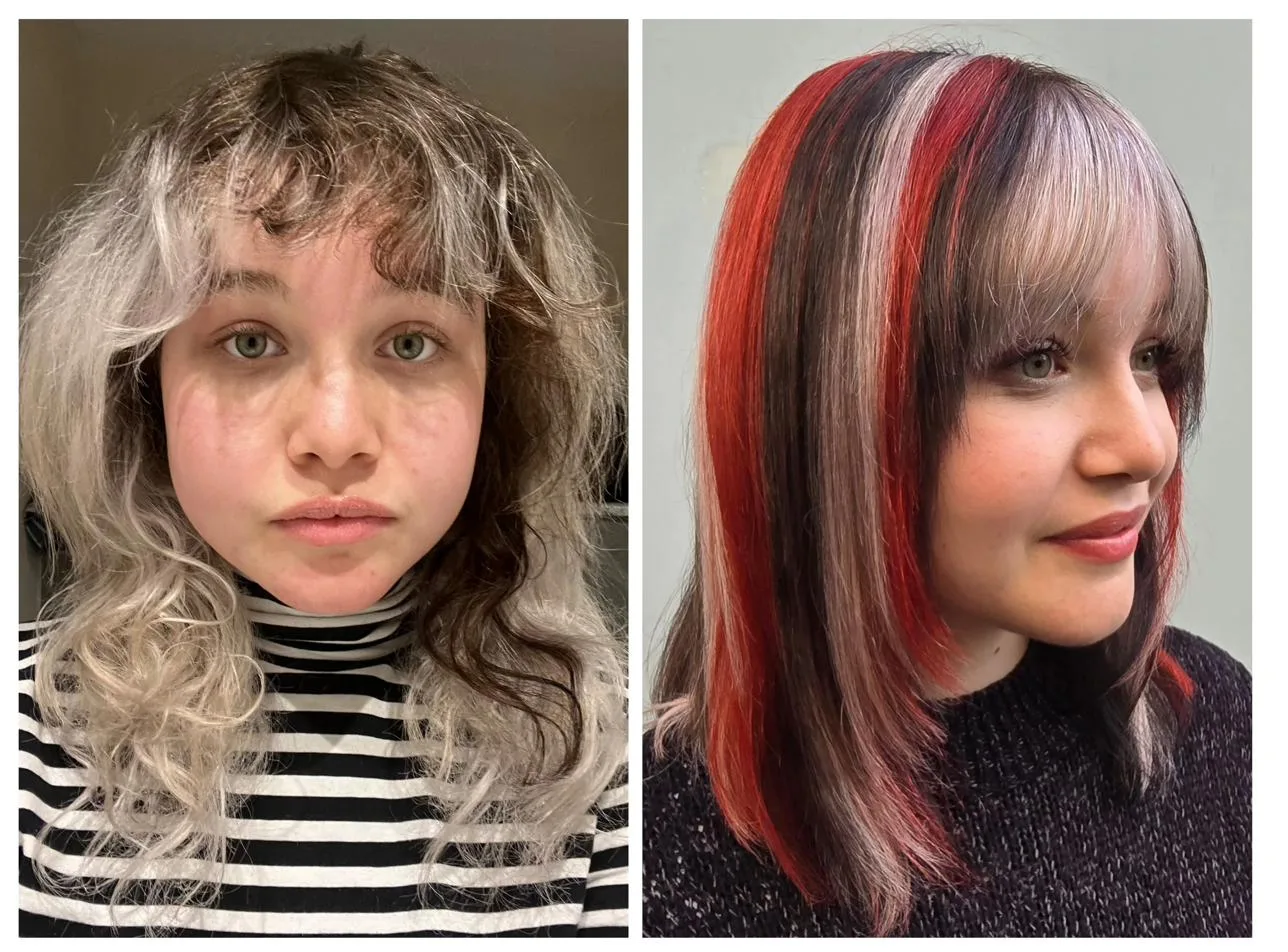Transformation color block rouge noir platine Paris