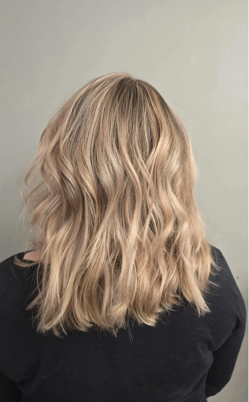 Balayage blond naturel coupe bob mi-long par Élodie Hue