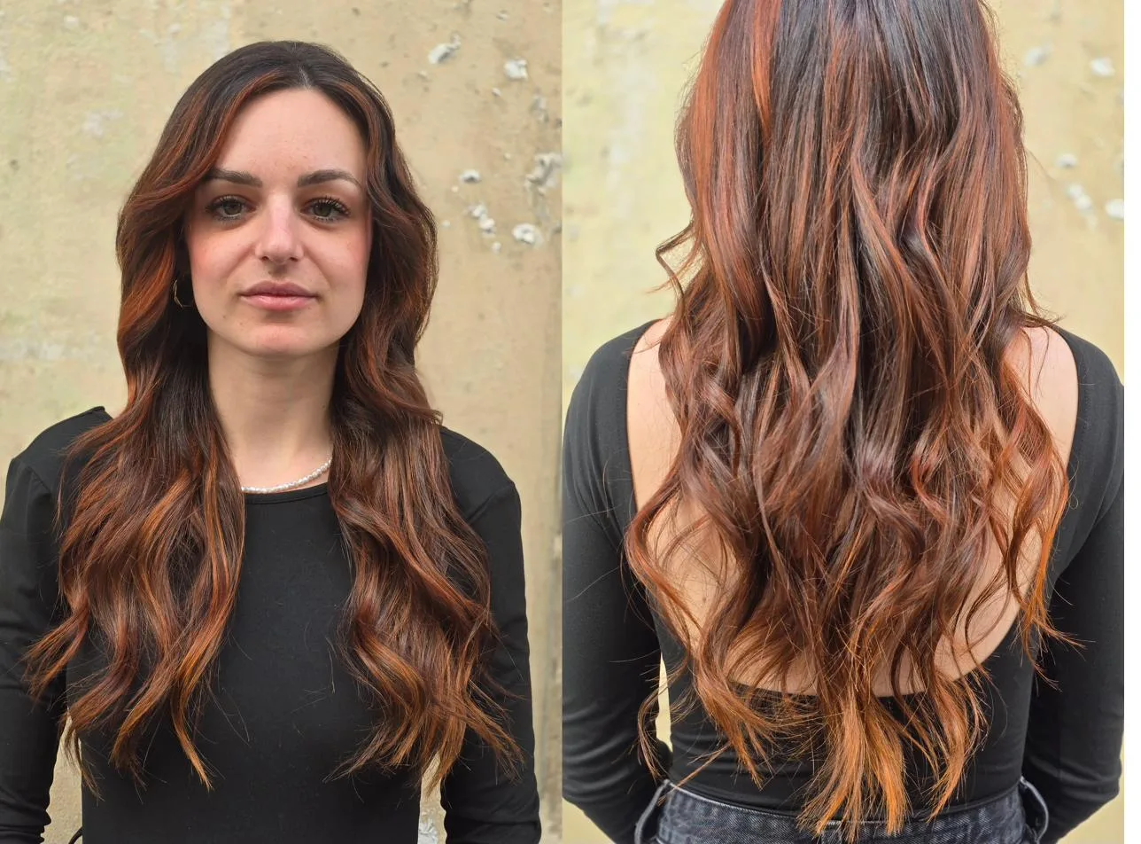 Balayage cuivre sur base brune Paris coloriste visagiste