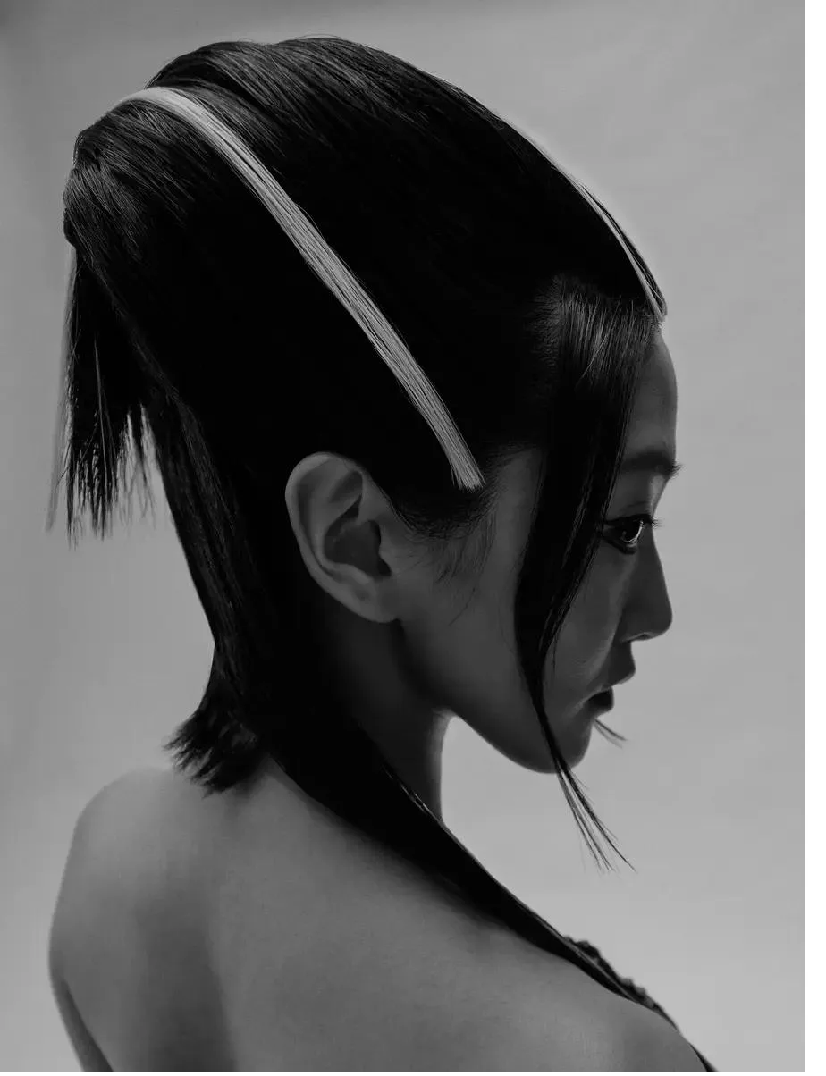 Mèche platine placement profil éditorial noir et blanc — technique face framing hair artist Paris